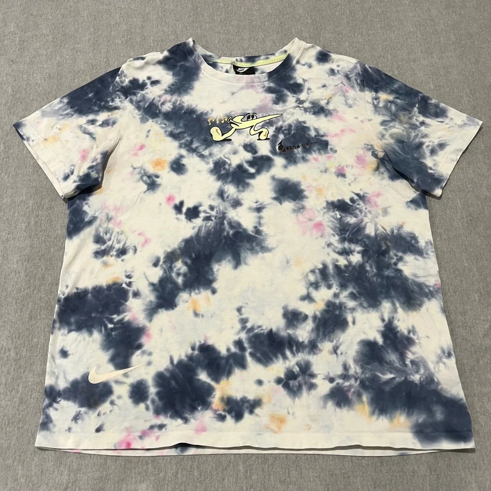 Nike Mens XL Tie Dye Graphic T-Shirt Blue Pink Yellow Just Do It Cartoon Swoosh